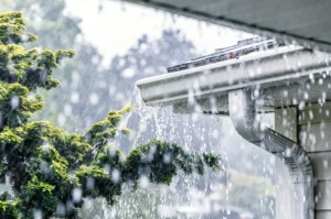 Regenwasser trifft auf ein Hausdach